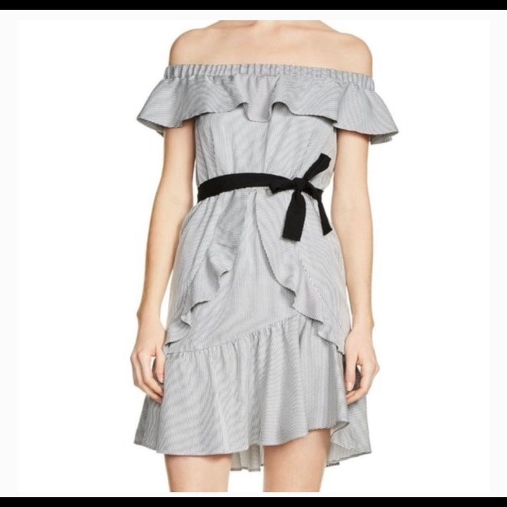 Maje Off-Shoulder Striped Mini Dress - Black and White